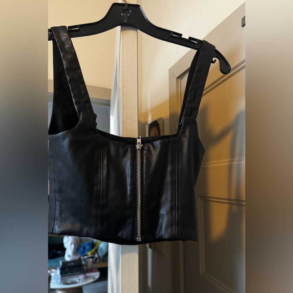 Black genuine Leather Crop Top with Zipper